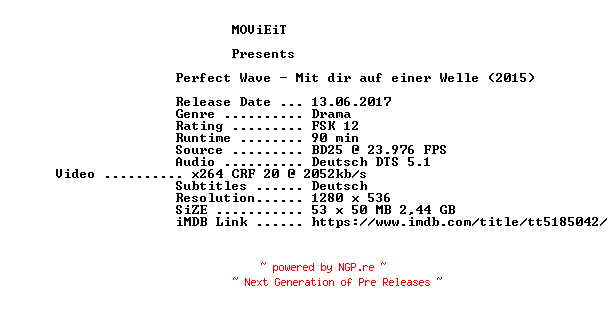 NFO for the release Perfect.Wave.2015.German.720p.BluRay.x264-MOViEiT by MOViEiT