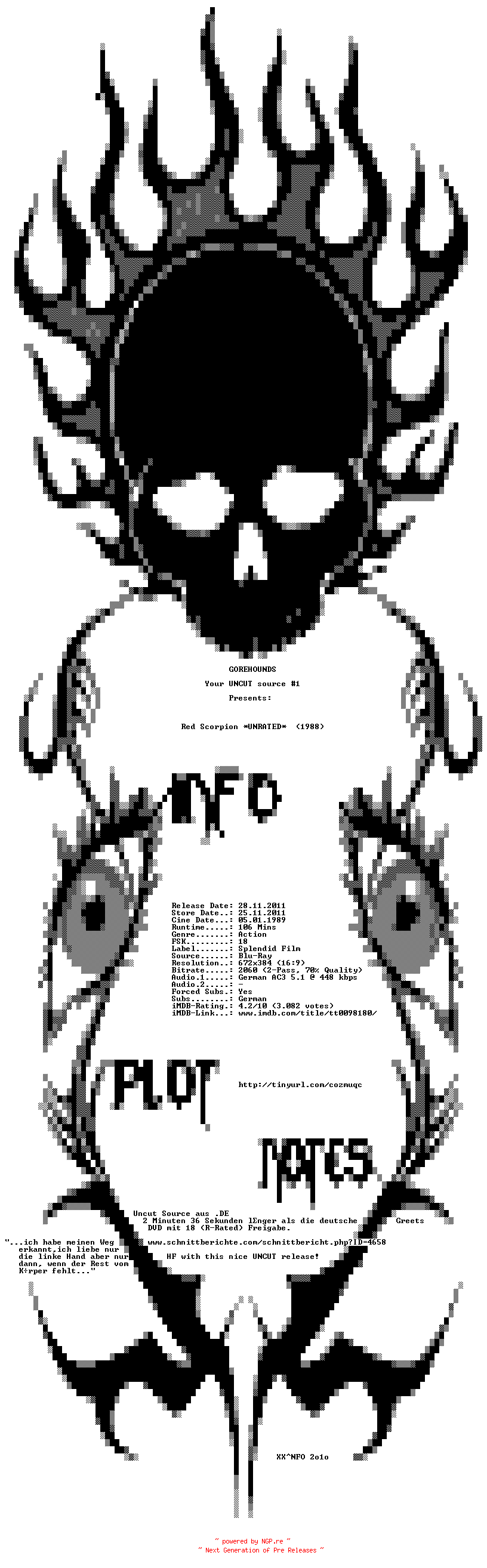 NFO for the release Red.Scorpion.UNRATED.German.1988.AC3.BDRiP.XViD-GOREHOUNDS by GOREHOUNDS