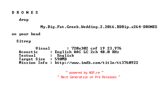 NFO for the release My.Big.Fat.Greek.Wedding.2.2016.BDRip.x264-DRONES by DRONES