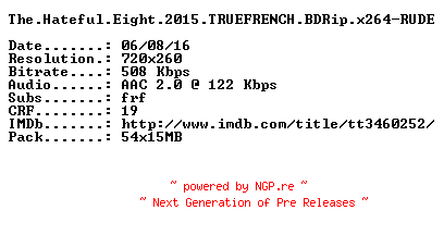 NFO for the release The.Hateful.Eight.2015.TRUEFRENCH.BDRip.x264-RUDE by RUDE