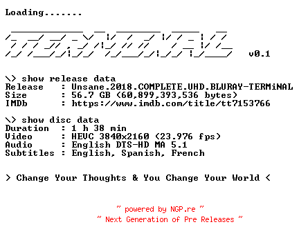 NFO for the release Unsane.2018.COMPLETE.UHD.BLURAY-TERMiNAL by TERMiNAL