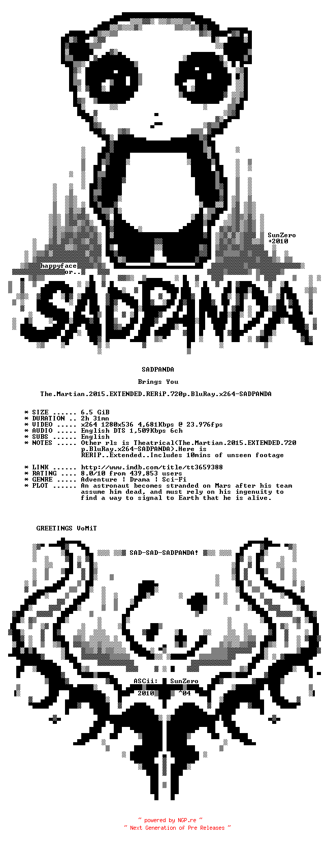 NFO for the release The.Martian.2015.EXTENDED.RERiP.720p.BluRay.x264-SADPANDA by SADPANDA
