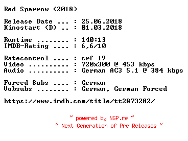 NFO for the release Red.Sparrow.German.2018.AC3.BDRip.x264-COiNCiDENCE by COiNCiDENCE