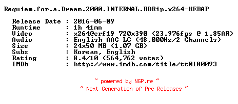 NFO for the release Requiem.for.a.Dream.2000.INTERNAL.BDRip.x264-KEBAP by KEBAP