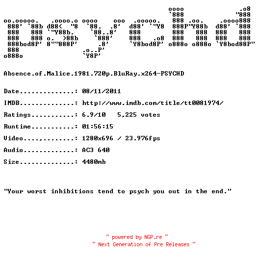NFO for the release Absence.of.Malice.1981.720p.BluRay.x264-PSYCHD by PSYCHD