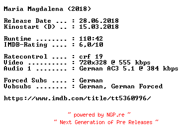 NFO for the release Maria.Magdalena.German.2018.AC3.BDRip.x264-COiNCiDENCE by COiNCiDENCE
