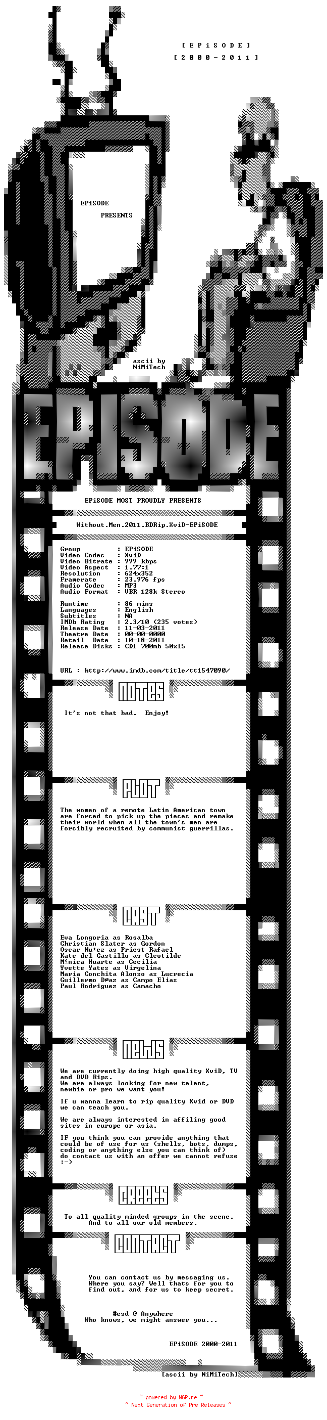 NFO for the release Without.Men.2011.BDRip.XviD-EPiSODE by EPiSODE