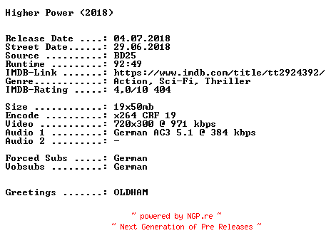 NFO for the release Higher.Power.German.2018.AC3.BDRip.x264-SPiCY by SPiCY