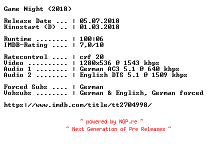 NFO for the release Game.Night.2018.German.DL.720p.BluRay.x264-COiNCiDENCE by COiNCiDENCE