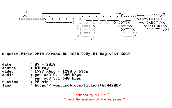 NFO for the release A.Quiet.Place.2018.German.DL.AC3D.720p.BluRay.x264-GSG9 by GSG9
