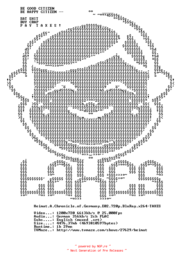 NFO for the release Heimat.A.Chronicle.of.Germany.E02.720p.BluRay.x264-TAXES by TAXES