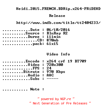 NFO for the release Heidi.2015.FRENCH.BDRip.x264-PRiDEHD by PRiDEHD