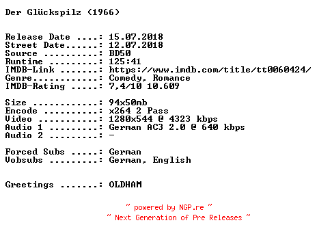 NFO for the release Der.Glueckspilz.1966.German.720p.BluRay.x264-SPiCY by SPiCY