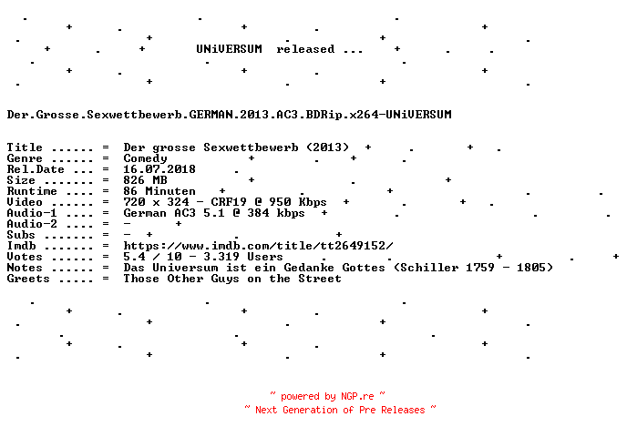 NFO for the release Der.Grosse.Sexwettbewerb.GERMAN.2013.AC3.BDRip.x264-UNiVERSUM by UNiVERSUM