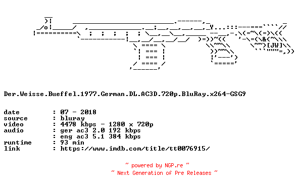 NFO for the release Der.Weisse.Bueffel.1977.German.DL.AC3D.720p.BluRay.x264-GSG9 by GSG9