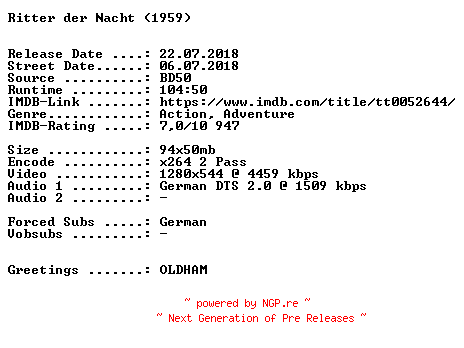 NFO for the release Ritter.der.Nacht.1959.German.720p.BluRay.x264-SPiCY by SPiCY