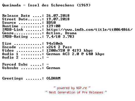 NFO for the release Queimada.Insel.des.Schreckens.1969.German.720p.BluRay.x264-SPiCY by SPiCY