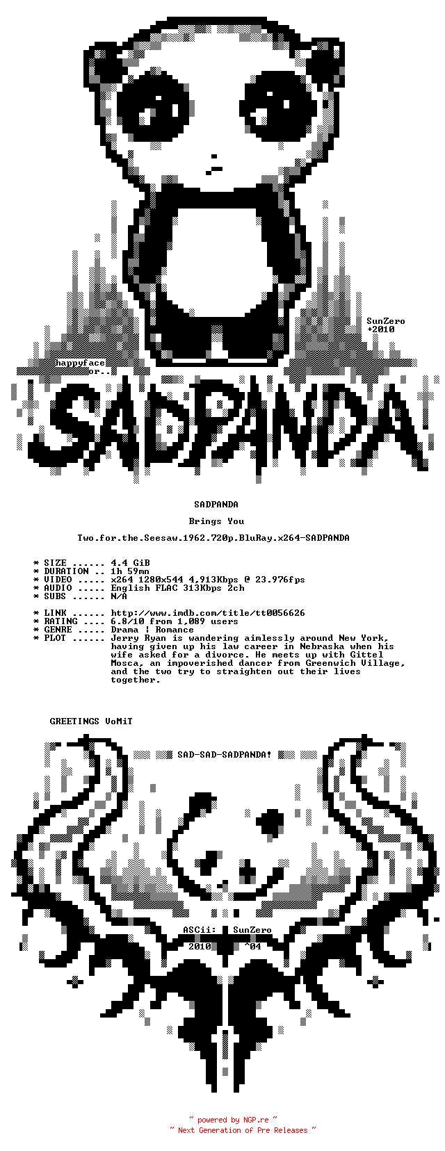 NFO for the release Two.for.the.Seesaw.1962.720p.BluRay.x264-SADPANDA by SADPANDA