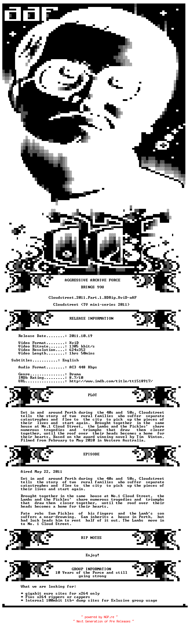 NFO for the release Cloudstreet.2011.Part.1.BDRip.XviD-aAF by aAF