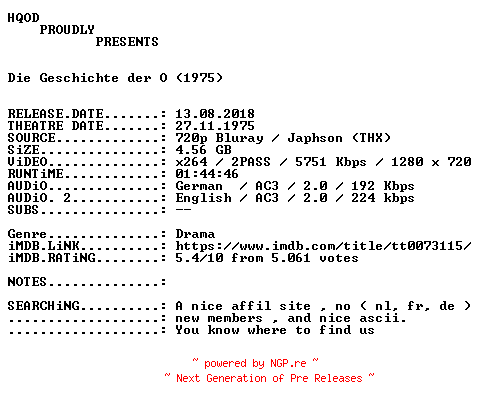 NFO for the release Die.Geschichte.der.O.1975.German.AC3D.DL.720p.BluRay.x264-HQOD by HQOD