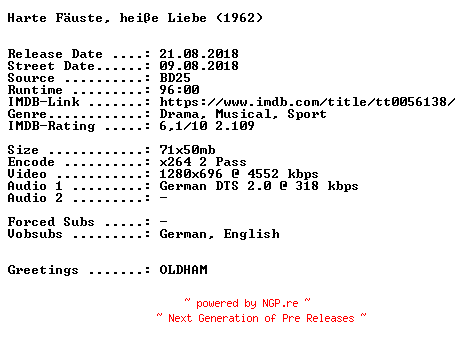 NFO for the release Harte.Faeuste.heisse.Liebe.1962.German.720p.BluRay.x264-SPiCY by SPiCY