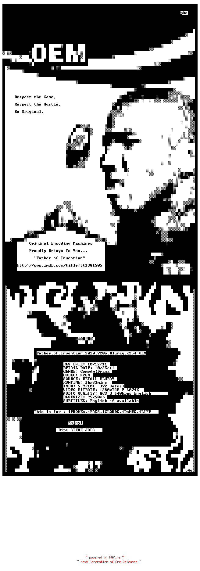 NFO for the release Father.of.Invention.2010.720p.BluRay.x264-OEM by OEM