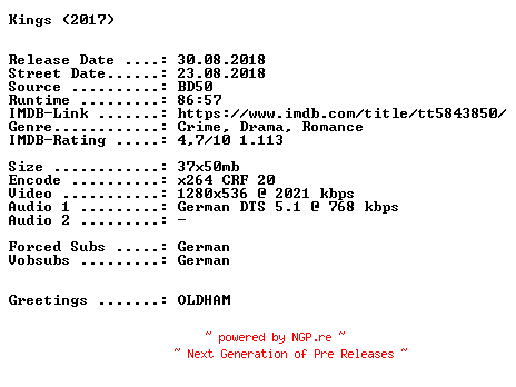 NFO for the release Kings.2017.German.720p.BluRay.x264-SPiCY by SPiCY