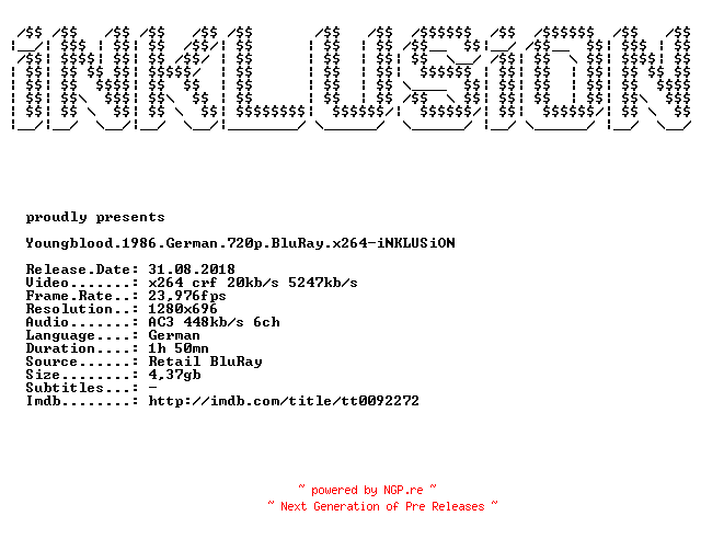 NFO for the release Youngblood.1986.German.720p.BluRay.x264-iNKLUSiON by iNKLUSiON