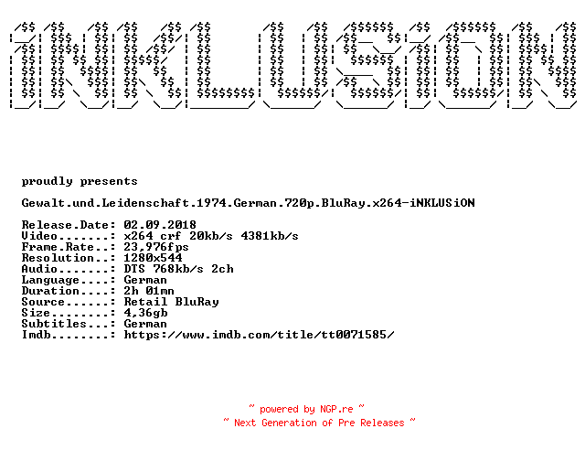 NFO for the release Gewalt.und.Leidenschaft.1974.German.720p.BluRay.x264-iNKLUSiON by iNKLUSiON