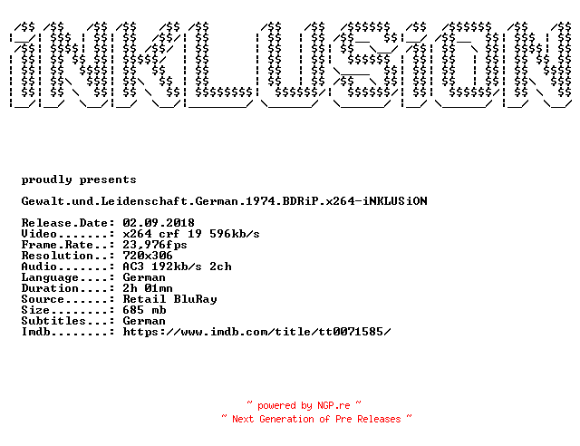 NFO for the release Gewalt.und.Leidenschaft.German.1974.BDRiP.x264-iNKLUSiON by iNKLUSiON