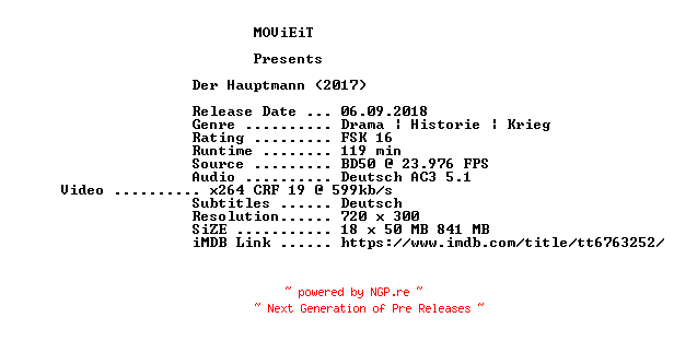 NFO for the release Der.Hauptmann.German.2017.BDRiP.x264-MOViEiT by MOViEiT