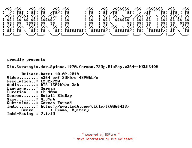 NFO for the release Die.Strategie.der.Spinne.1970.German.720p.BluRay.x264-iNKLUSiON by iNKLUSiON
