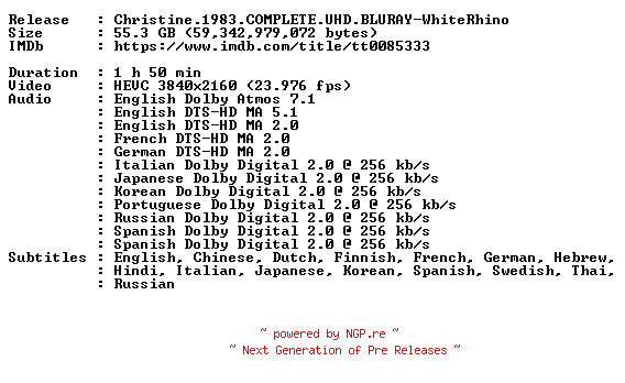 NFO for the release Christine.1983.COMPLETE.UHD.BLURAY-WhiteRhino by WhiteRhino