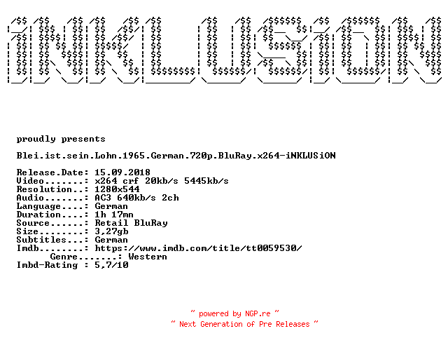 NFO for the release Blei.ist.sein.Lohn.1965.German.720p.BluRay.x264-iNKLUSiON by iNKLUSiON