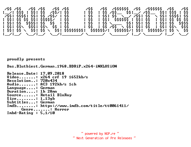 NFO for the release Das.Blutbiest.German.1968.BDRiP.x264-iNKLUSiON by iNKLUSiON