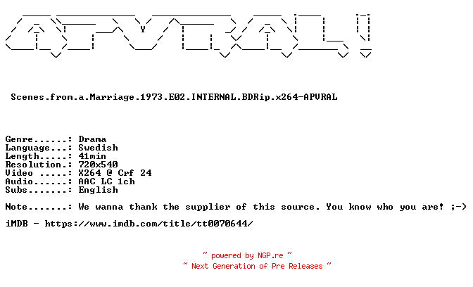 NFO for the release Scenes.from.a.Marriage.1973.E02.INTERNAL.BDRip.x264-APVRAL by APVRAL