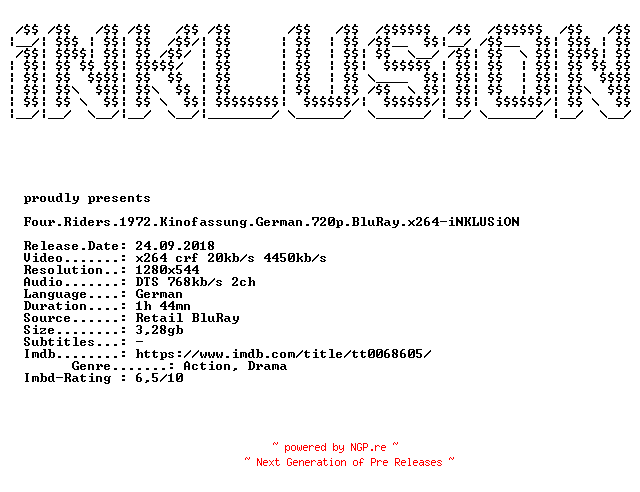 NFO for the release Four.Riders.1972.Kinofassung.German.720p.BluRay.x264-iNKLUSiON by iNKLUSiON