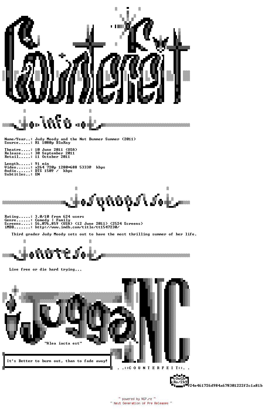 NFO for the release Judy.Moody.and.the.Not.Bummer.Summer.2011.720p.BluRay.x264-Counterfeit by Counterfeit