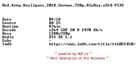 NFO for the release Red.Army.Hooligans.2018.German.720p.BluRay.x264-Pl3X by Pl3X