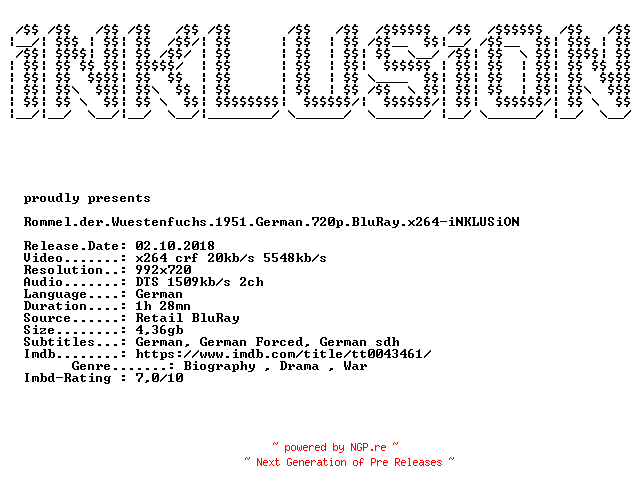 NFO for the release Rommel.der.Wuestenfuchs.1951.German.720p.BluRay.x264-iNKLUSiON by iNKLUSiON