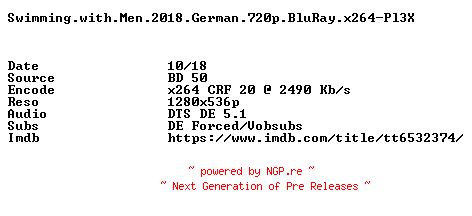 NFO for the release Swimming.with.Men.2018.German.720p.BluRay.x264-Pl3X by Pl3X
