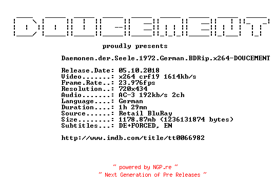 NFO for the release Daemonen.der.Seele.1972.German.BDRip.x264-DOUCEMENT by DOUCEMENT