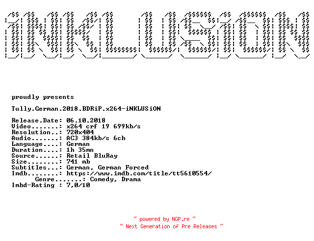 NFO for the release Tully.German.2018.BDRiP.x264-iNKLUSiON by iNKLUSiON