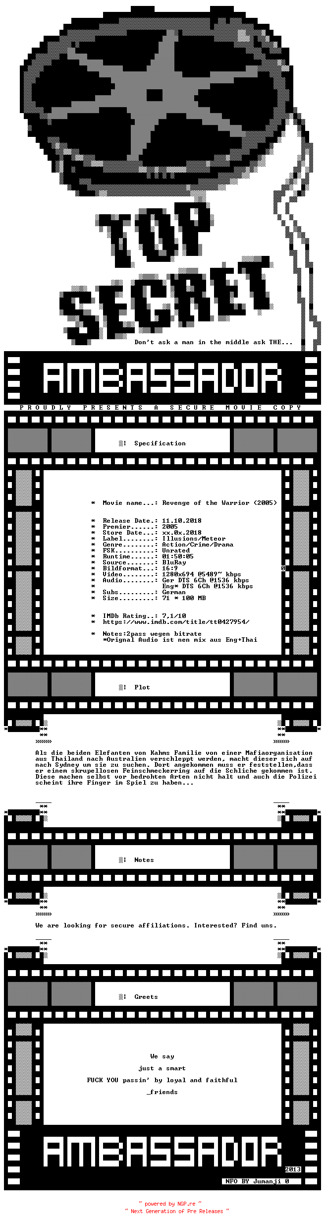 NFO for the release Revenge.Of.The.Warrior.UNCUT.GERMAN.2005.DL.WS.720p.BluRay.x264-AMBASSADOR by AMBASSADOR