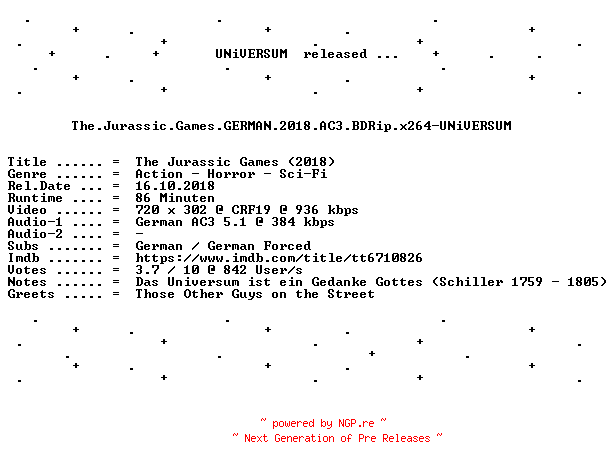 NFO for the release The.Jurassic.Games.GERMAN.2018.AC3.BDRip.x264-UNiVERSUM by UNiVERSUM