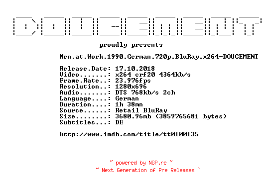 NFO for the release Men.at.Work.1990.German.720p.BluRay.x264-DOUCEMENT by DOUCEMENT