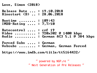 NFO for the release Love.Simon.German.2018.AC3.BDRip.x264-COiNCiDENCE by COiNCiDENCE