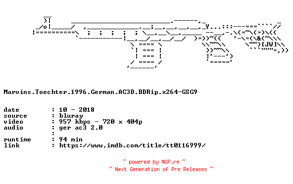 NFO for the release Marvins.Toechter.1996.German.AC3D.BDRip.x264-GSG9 by GSG9