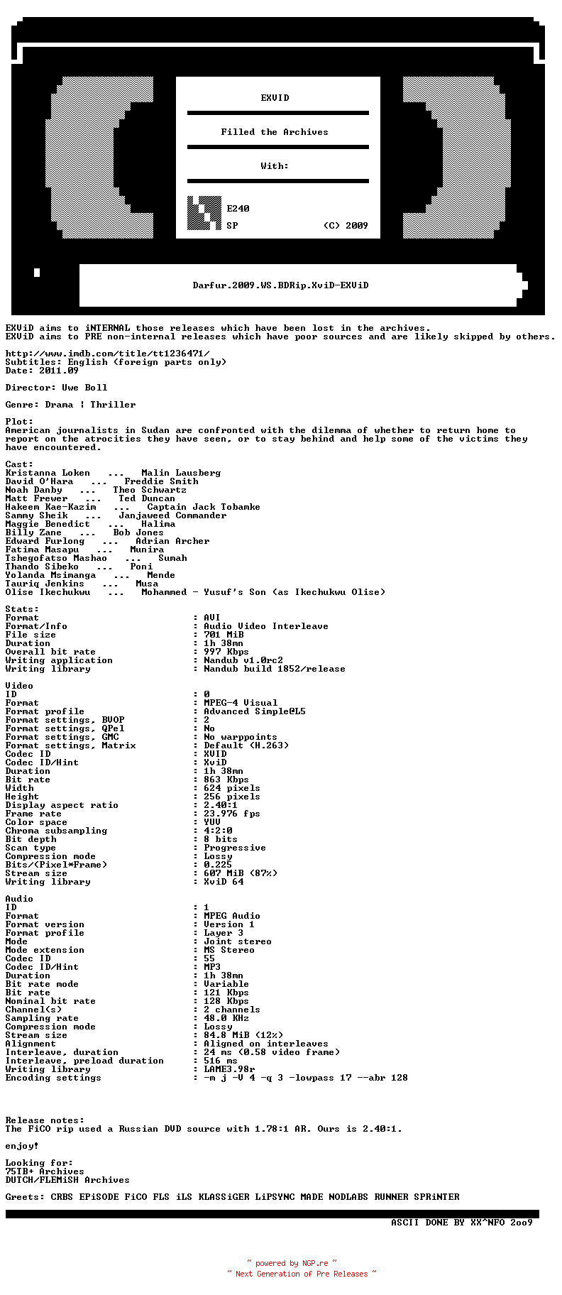 NFO for the release Darfur.2009.WS.BDRip.XviD-EXViD by EXViD