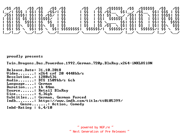 NFO for the release Twin.Dragons.Das.Powerduo.1992.German.720p.BluRay.x264-iNKLUSiON by iNKLUSiON
